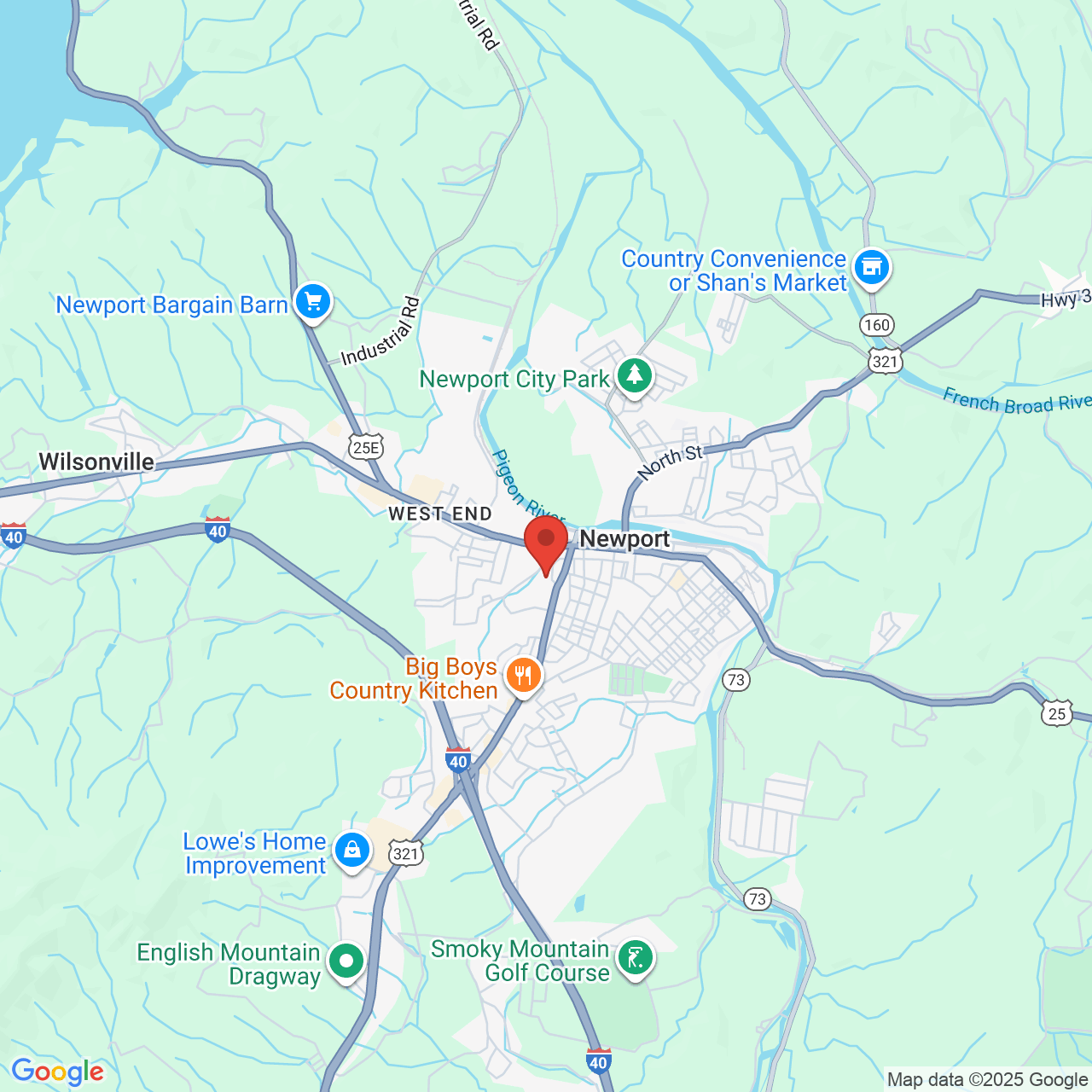 Google map image of our location in 164 Old Cosby Rd Newport, TN